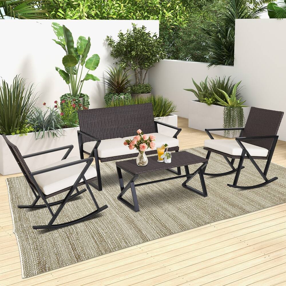 Costway 4PCS Patio Rattan Wicker Rocking Chairs Loveseat Table Rocker - See Details