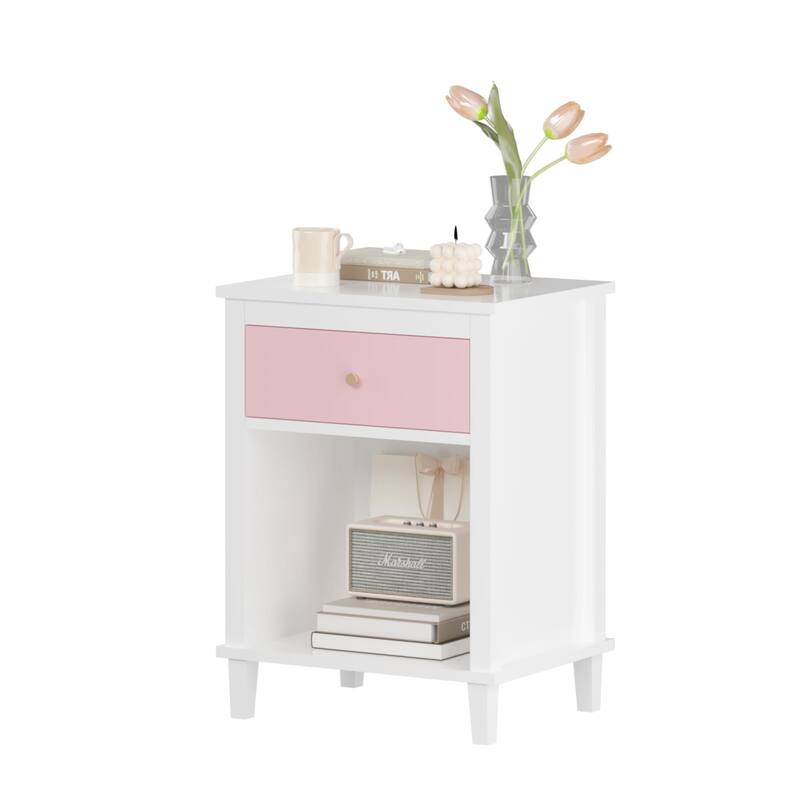 Wooden 2-Tier Kids Nightstand Small Side Table with Drawer and Open Shelf for Bedroom