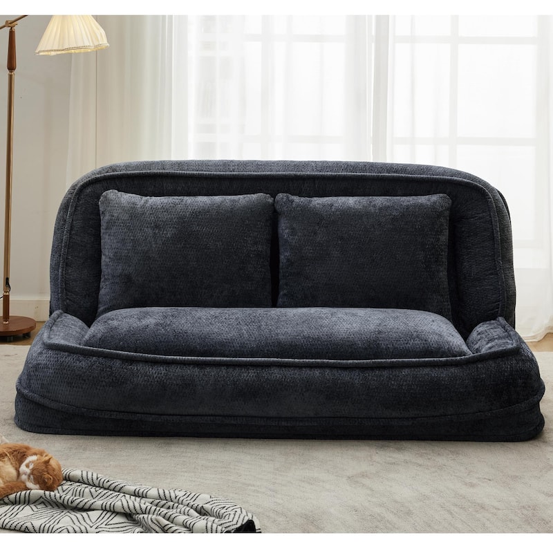 Pet Friendly Lazy Loveseat Sofa 2-in-1 Chenille Floor Couch Double Human Sleeper Bed with 5 Adjustable Position, Plump Pillows