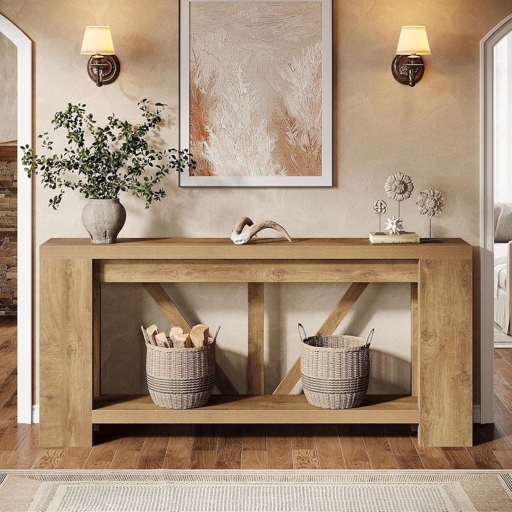 70.9” Brown MDF Entryway Table, 2-Tier Console Table for Living Room