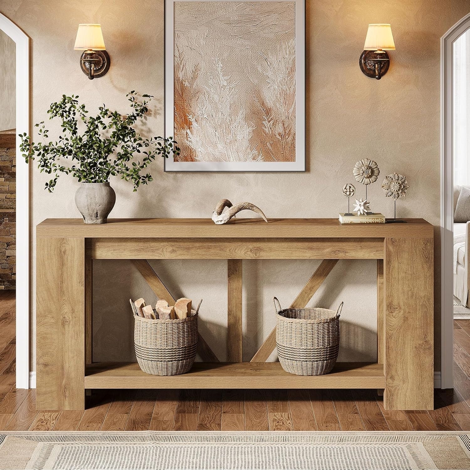 70.9-Inch Extra Long Console Table, 2-Tier Farmhouse Sofa Table Behind Couch