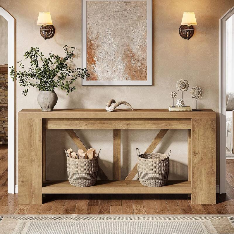 70.9 Inches Brown Engineered Wood Console Table, 2-Tier Behind Couch Sofa Table for Living Room