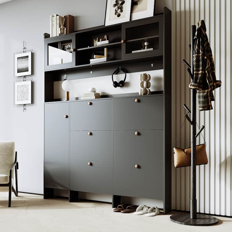 Sophisticated Shoe Cabinet with 6 Flip Drawers, 4 Hooks, Glass Doors