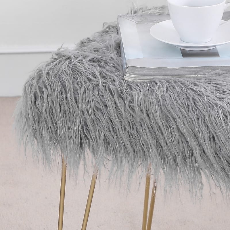 Adeco Faux Ottoman Vanity Stool with Metal Legs for Bedroom