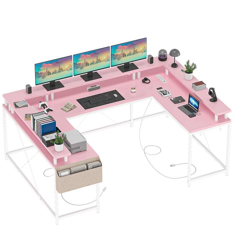 U Shaped Desk, 126 Inch Gaming Desk with Monitor Stand and LED Lights