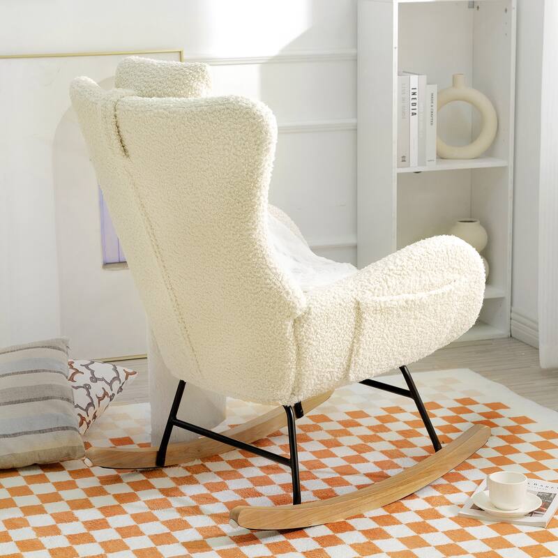 Anmytek Nursery Rocking Glider Chair Teddy Upholstered High Backrest Adjustable Headrest Side Pocket