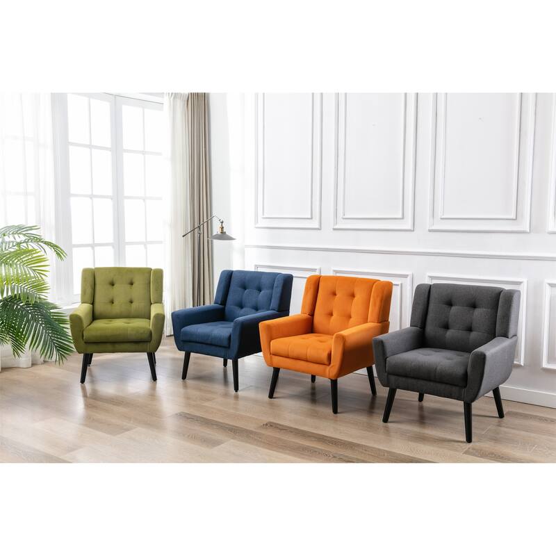 Dark Gray Linen Modern 29.53" Upholstered Buttons Tufted Accent Chair with Black Solid Wood Legs