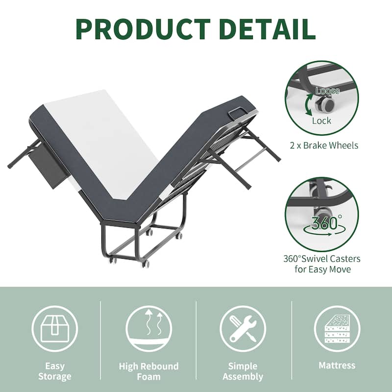 75 Inch Folding Bed with 5" Memory Foam Mattress, Rollaway Guest Bed, Heavy-Duty on Wheels, Portable Twin Bed