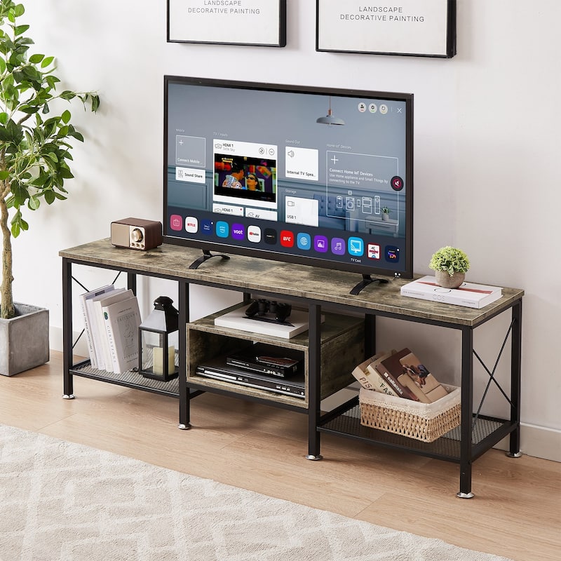 VECELO Large TV Console and TV Cabinet Industrial Entertainment Center for TVs up to 77, TV Stand - 63 inch - Grey