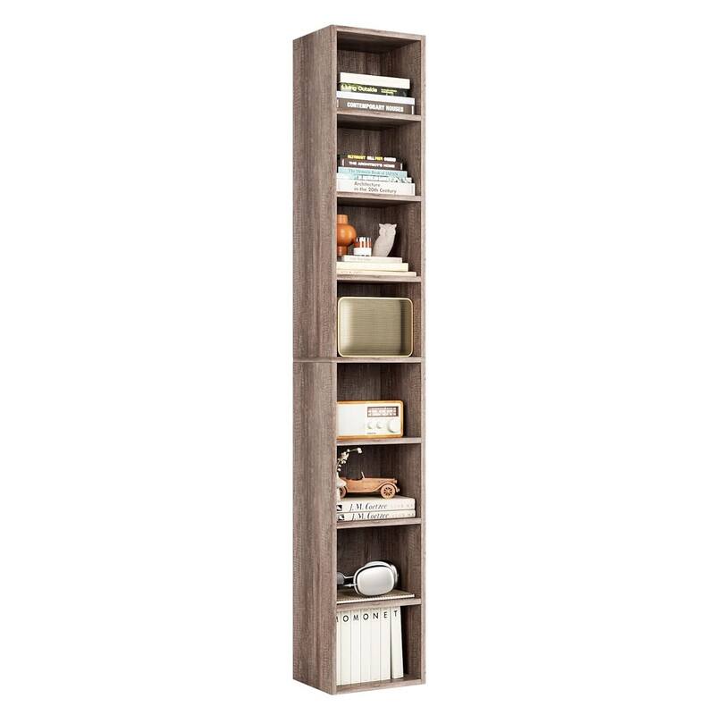 Grondin 8-Tier Media Tower, Wooden Media Storage Rack with Adjustable Shelves, Tall Narrow Bookcase Display Bookshelf