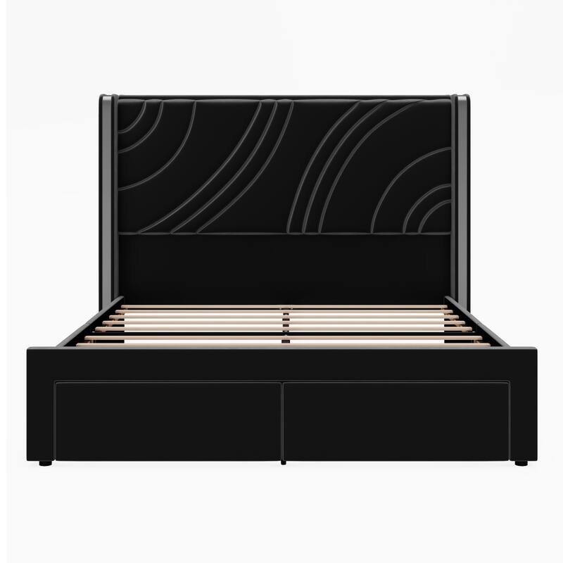 Queen Size Modern Upholstered LED Bed Frame with Storage Drawers