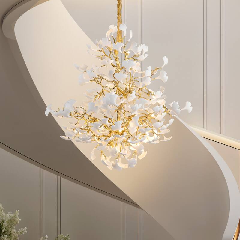 Modern Ginkgo Leaf Ceramic Chandelier, Moon Ring Round Pendant Light, D550-D1200, Gold Finish