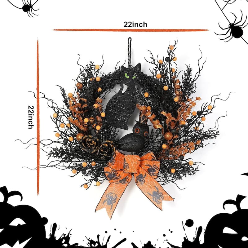 22" Halloween Black Cat, Owl Wreath for Front Door Decor - N/A