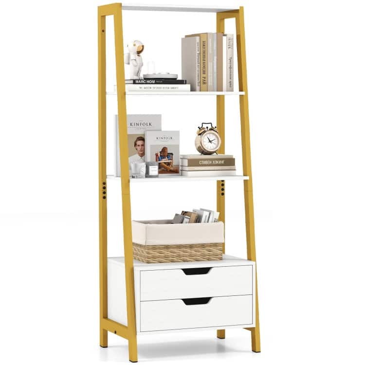Ladder Bookshelf 4-Tier Freestanding Bookcase with Drawers - 20.5" x 15.5" x 52.5"