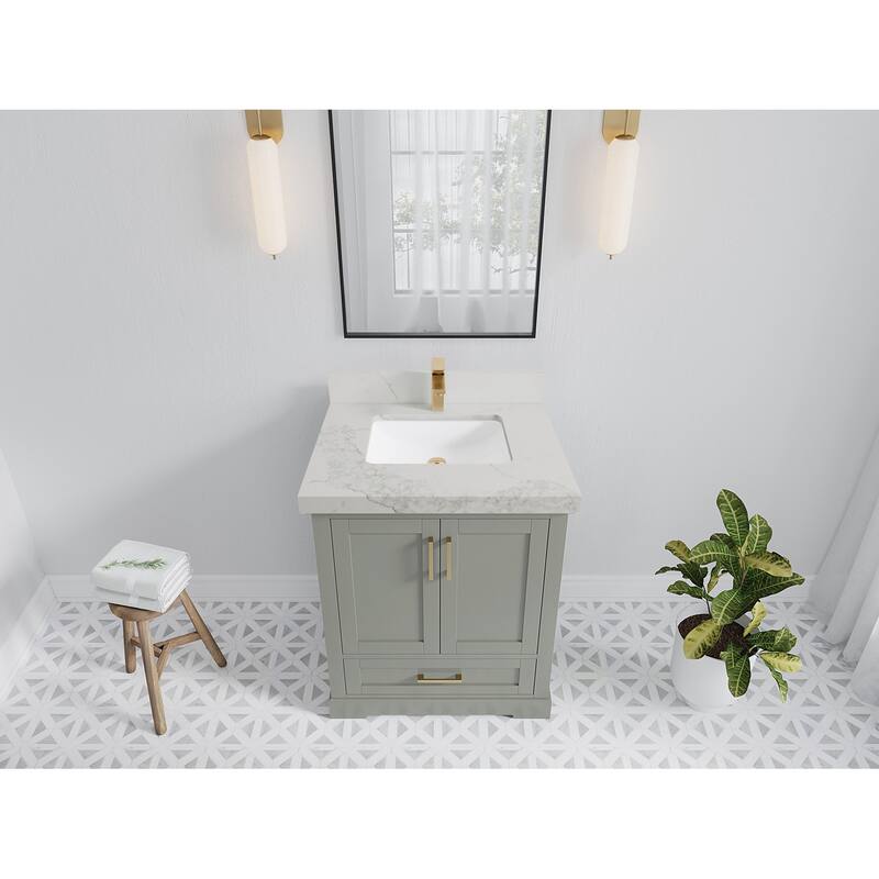 Willow Collection 30 in W x 22 in D x 36 in H Reeded Boston Single Bowl Sink Bathroom Vanity with Quartz or Marble Countertop - 2"Calacatta Nuvo - Evergreen