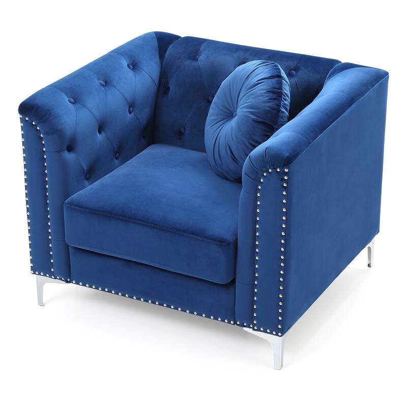 Velvet Button Tufted Accent Chair with Throw Pillow - 38" - Blue and Silver
