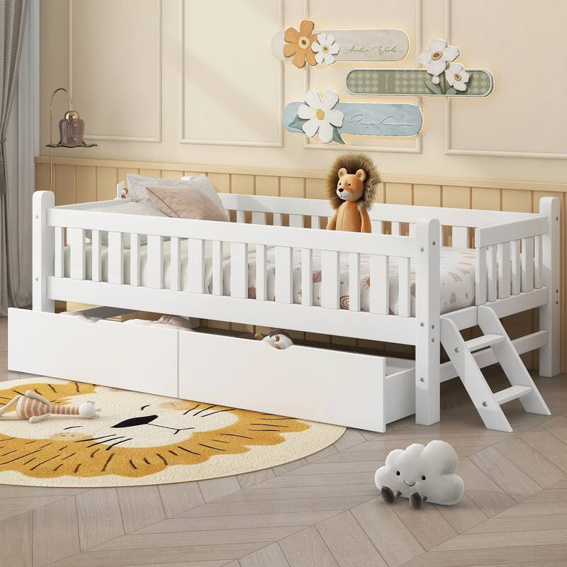 Wood Twin Size Platform Bed with Guardrail and 2 Drawers