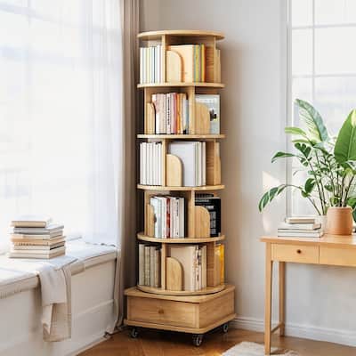 6 Tier Display Round Spinning Bookshelf with Wheels,Wood Color