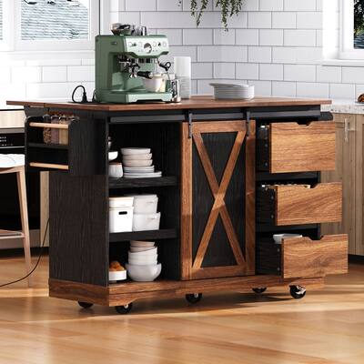 Drop Leaf Dining Table, Rolling Kitchen Island with Sliding Barn Door, Kitchen Cabinet with Built-In Charging Station