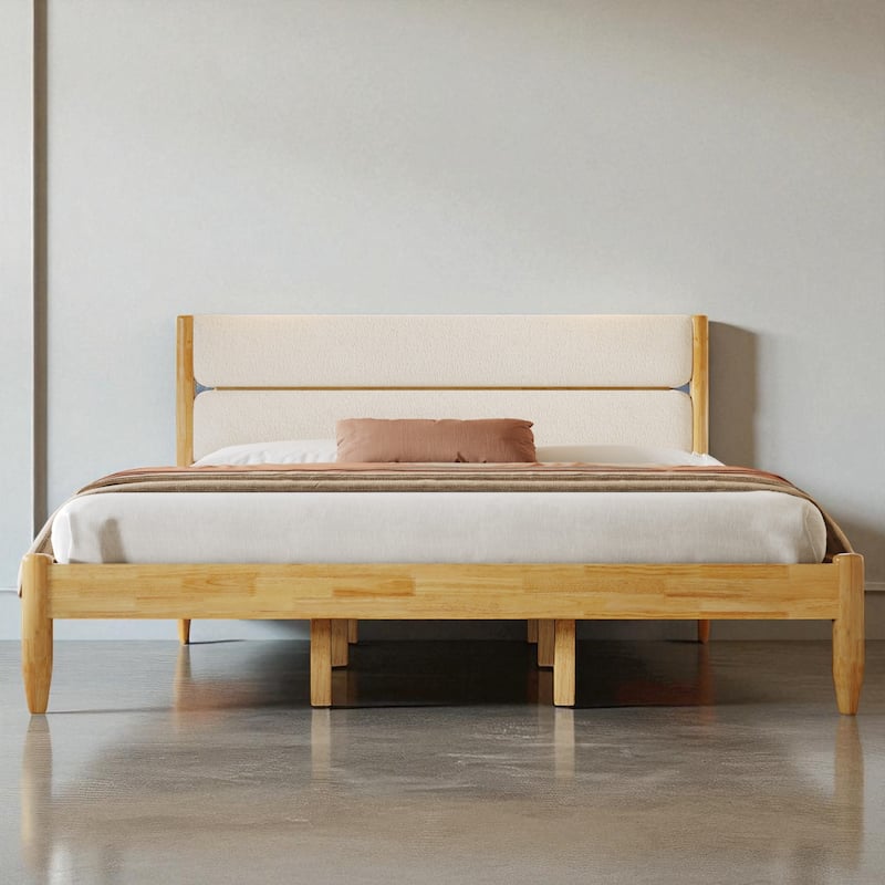 Queen/King Solid Wood Bed Frame with Fleece Upholstered Headboard and Tapered Legs, No Box Spring Needed - Lvory - King