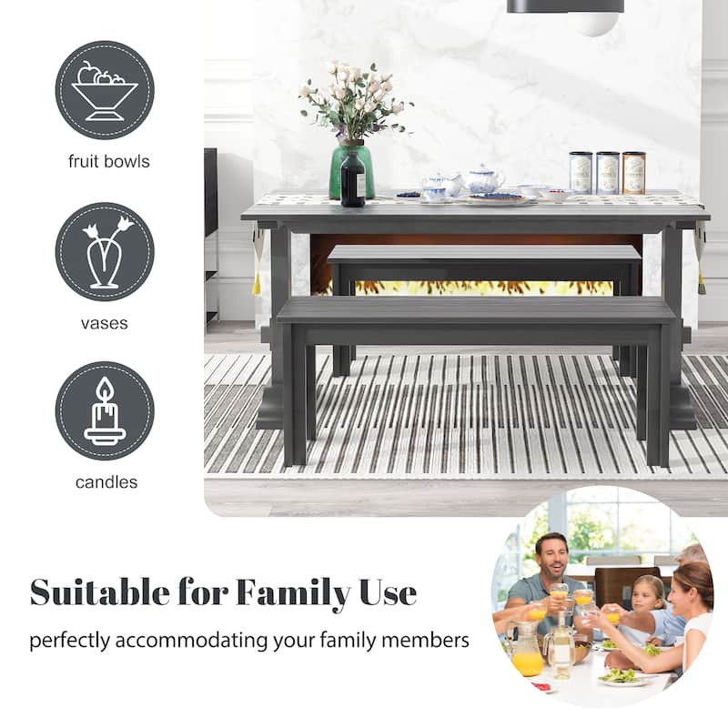 3-Piece Retro Dining Set, Rectangular Trestle Table and 2 Wood Benches