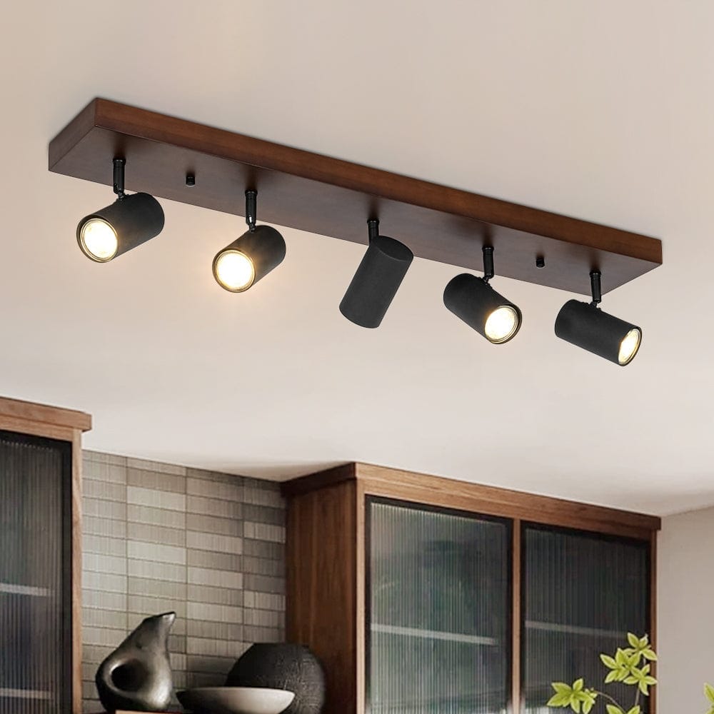 Farmhouse 5-Light Walnut Wood Rectangle Flush Mount Track Light