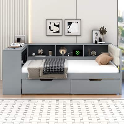 Wood Twin Size Platform Bed Frame with Storage Shelves, Drawers, Charging Station and Upholstered Headboard for Bedroom