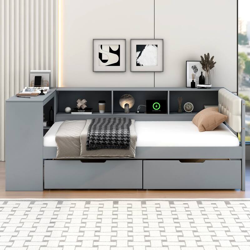 Wooden Platform Bed Multi-Functional Daybed with Desk, Linen Headboard, 2 Drawers, Charging Station and Mulit-Storage Shelves - Grey - Twin