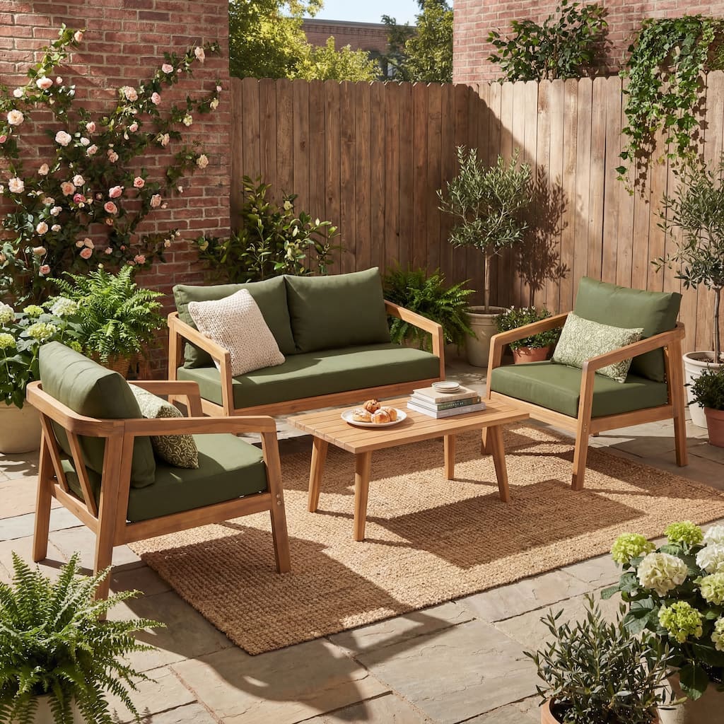 Christopher Knight Home - Outdoor 4-Piece Acacia Wood Patio Conversation Set with Coffee Table & Water-Resistant Cushions