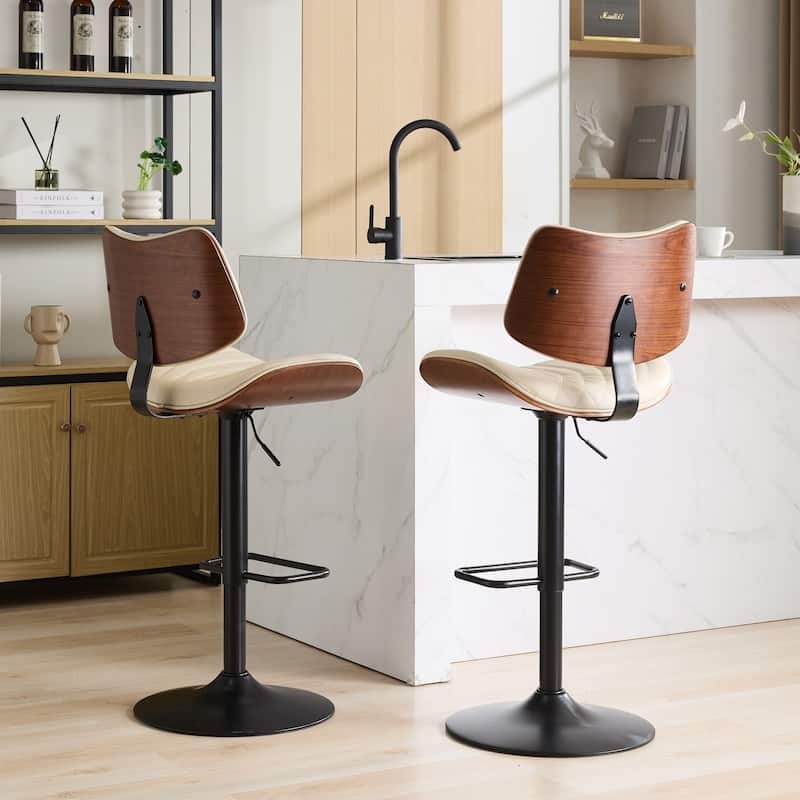 GDF Studio - Mid Century Modern Bentwood Adjustable Swivel PU Leather Bar Stool with Metal Legs