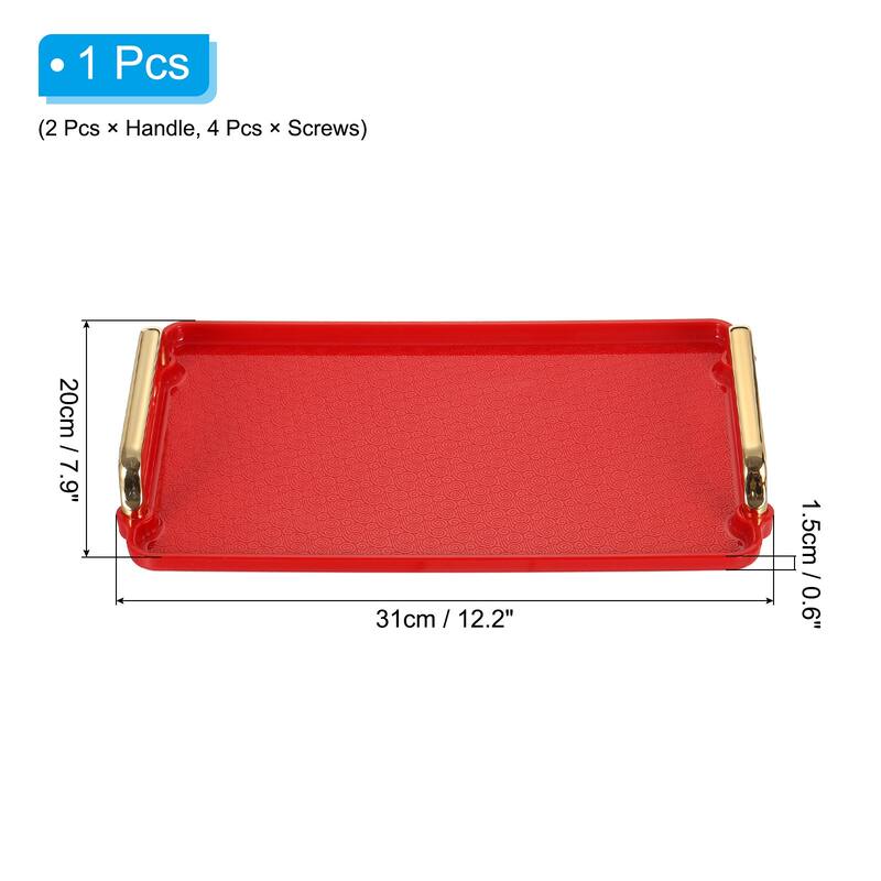 Plastic Serving Tray with Gold Handle, Decorative Tray Jewelry Platter - Red - 12.2" x 7.9"
