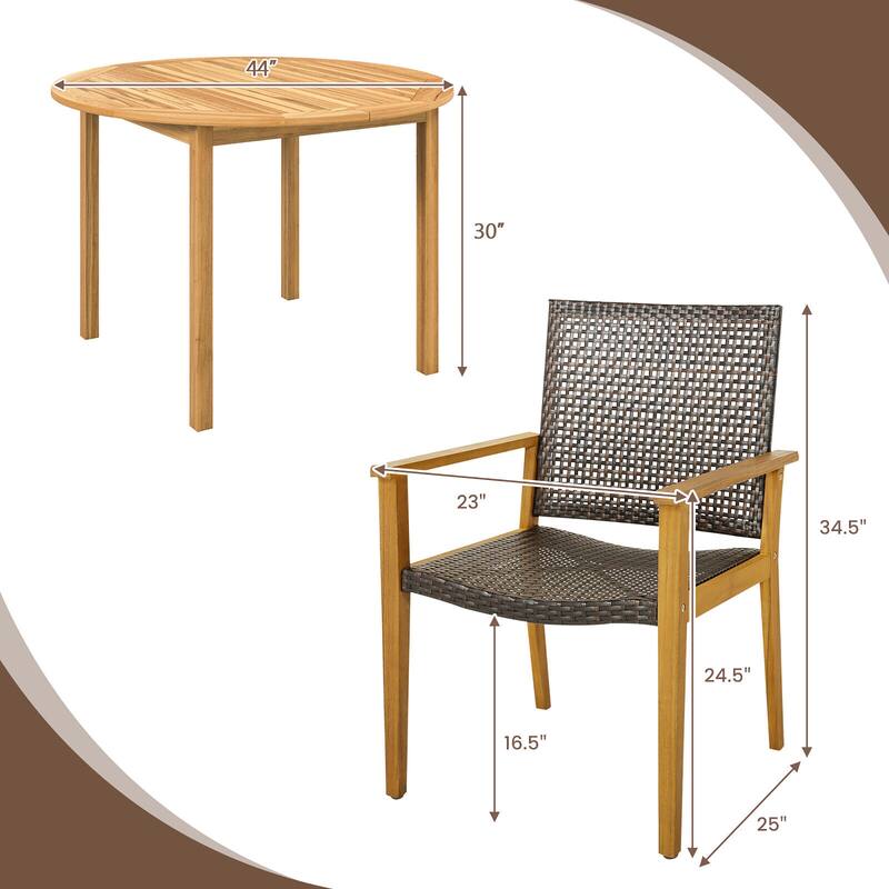 Gymax 5 PCS Patio Dining Set Round Acacia Wood Table 4 Wicker