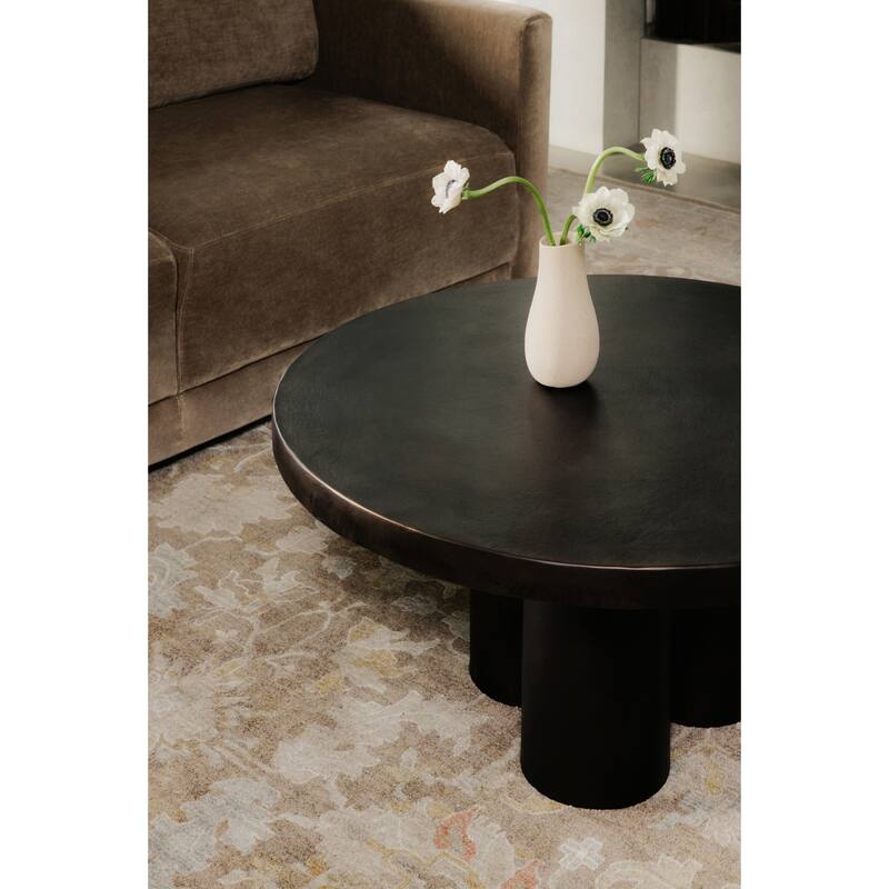 NADAAL STUDIOS Renric Outdoor Coffee Table, Round Cast Aluminum with Grooved Legs, Black Finish