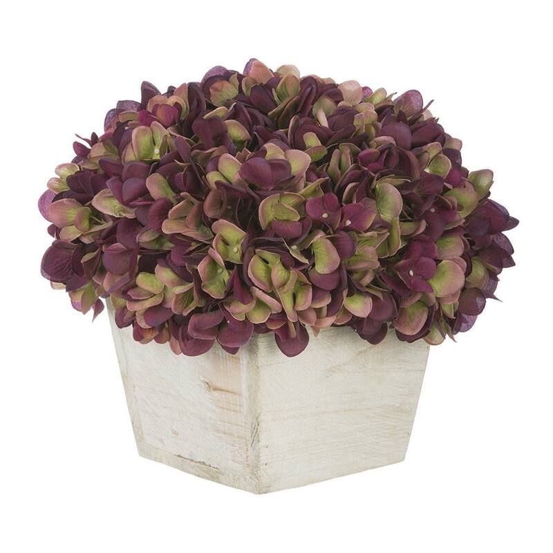 Faux Hydrangea in White Washed Wood Cube Planter - Plum