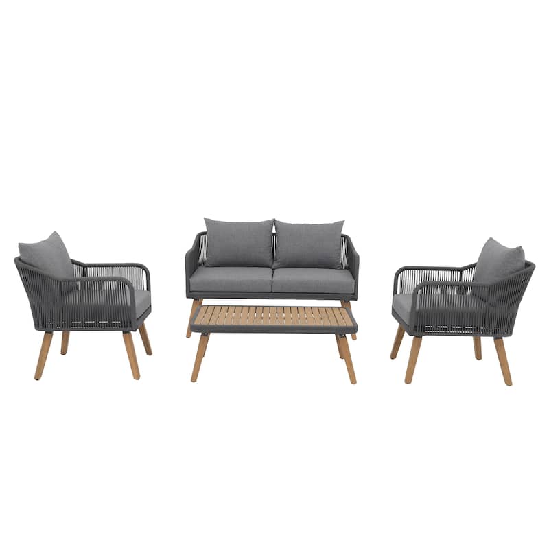 Outdoor 4 Pieces Rope Conversation Set with Cushions