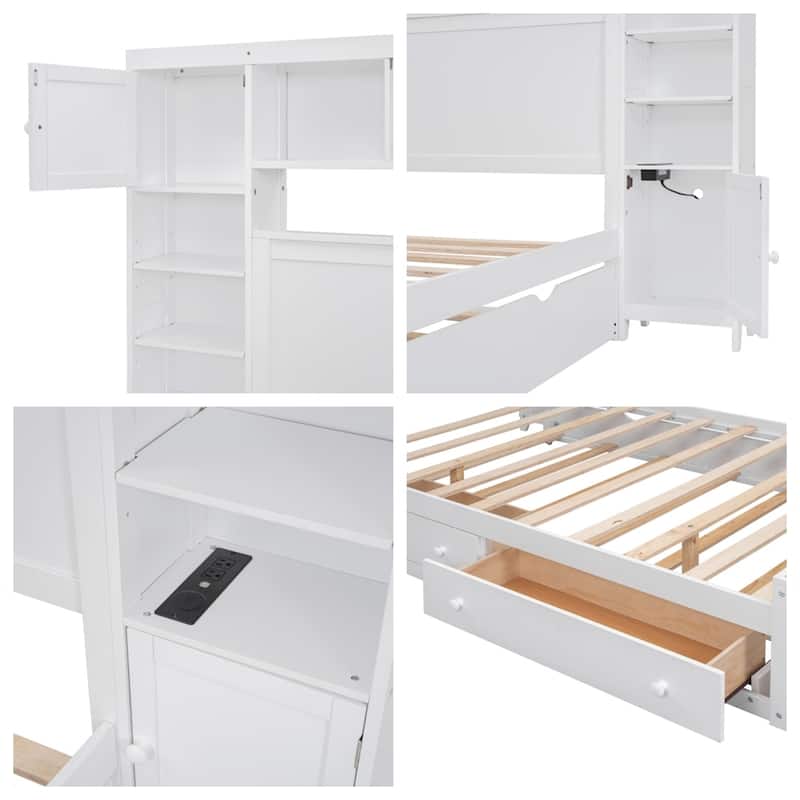 Full Size Wooden Bed With All-in-One Cabinet, Shelf and Sockets