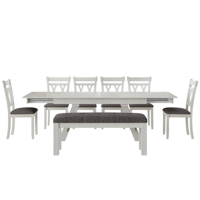 Javlergo Dining Table Set with Bench, Solid Wood Rectangular Extendable Dining Table and Chairs Set for 6-8