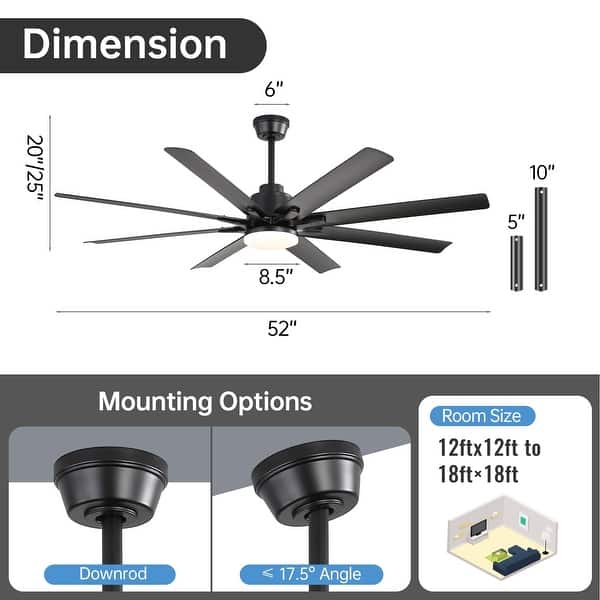 dimension image slide 17 of 18, Sofucor 52/66/72/76/84Inch Large Ceiling Fan with Dimmable LED Light ,Remote&APP Control,8 Blades for Large Living Room,Porch