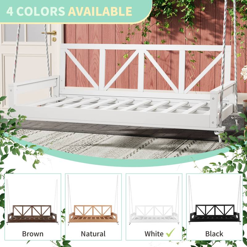 Acacia Wood Twin Size Outdoor Swing Bed with 16.4ft Hemp Ropes, Modern Hanging Porch Daybed Frame for Patio or Garden