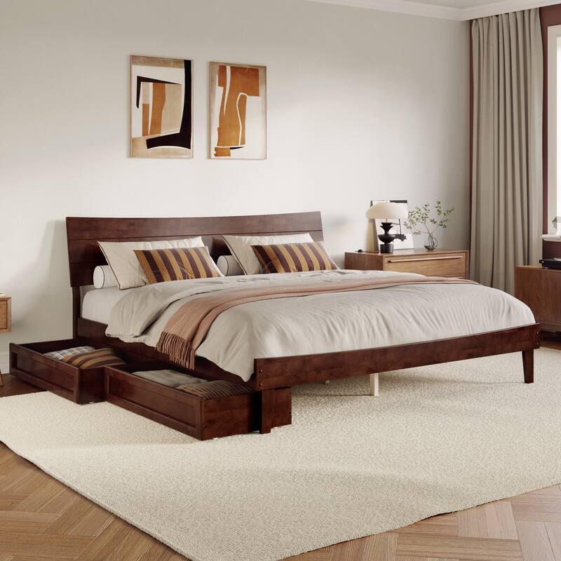 Phoenix Wood Platform Bed with Storage Drawers - Walnut - King