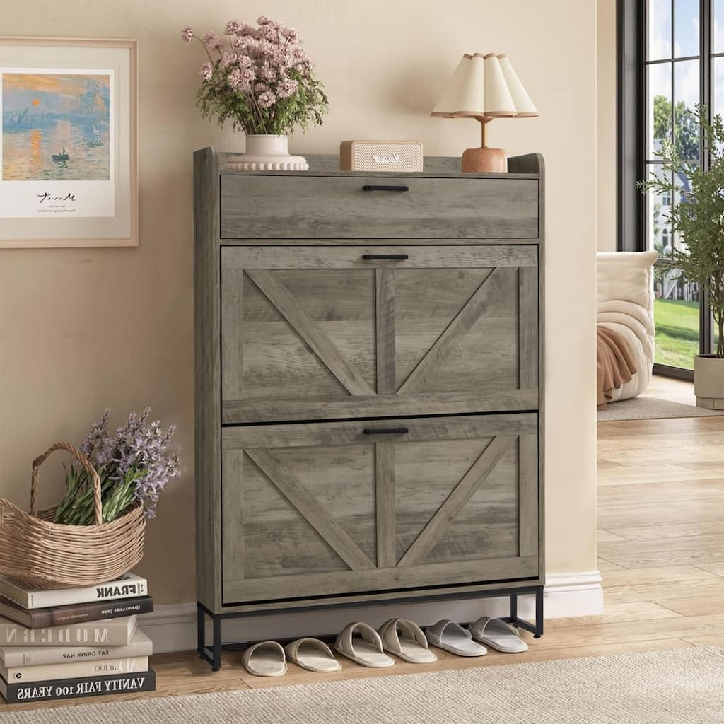 EROMMY Farmhouse Freestanding Shoe Cabinet with 2 Flip Drawers, Large Entryway Storage with Adjustable Shelves and Side Hooks