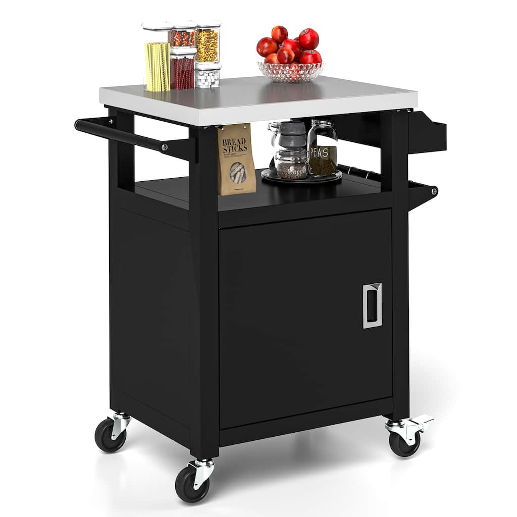 25 Inch Outdoor Kitchen Rolling Bar Cart With Stainless Steel Top, Grill Table With Storage Cabinet For Patio