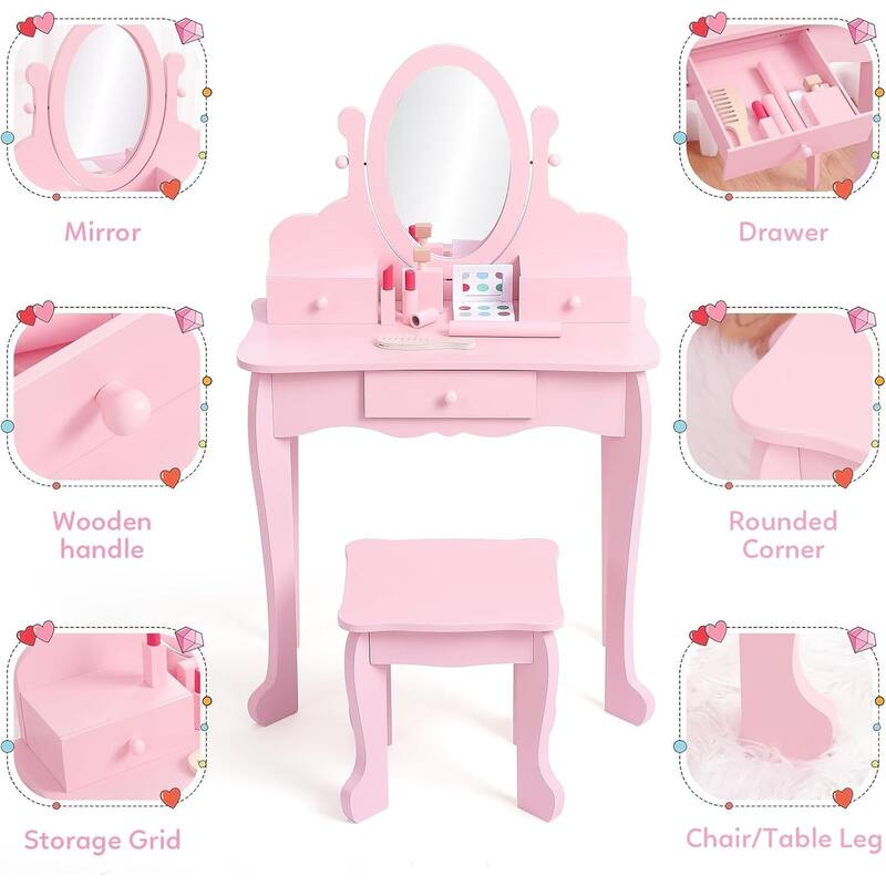 Girls Makeup Vanity Table Set with Stool, Dressup Playset