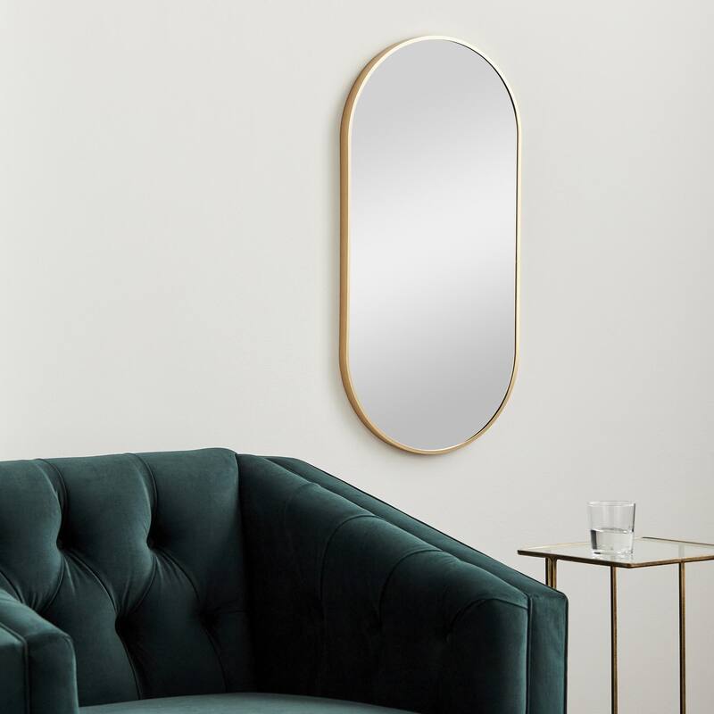 Livabliss Aranya Modern Aluminum Oval Pill-Shaped Accent Mirror - 16"H x 32"W x 1.1"D - Gold