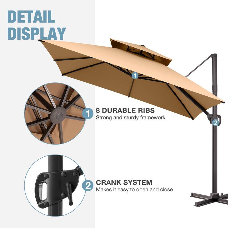 VredHom Double Top 10x10 FT Square Patio Cantilever Umbrella with Cross Stand