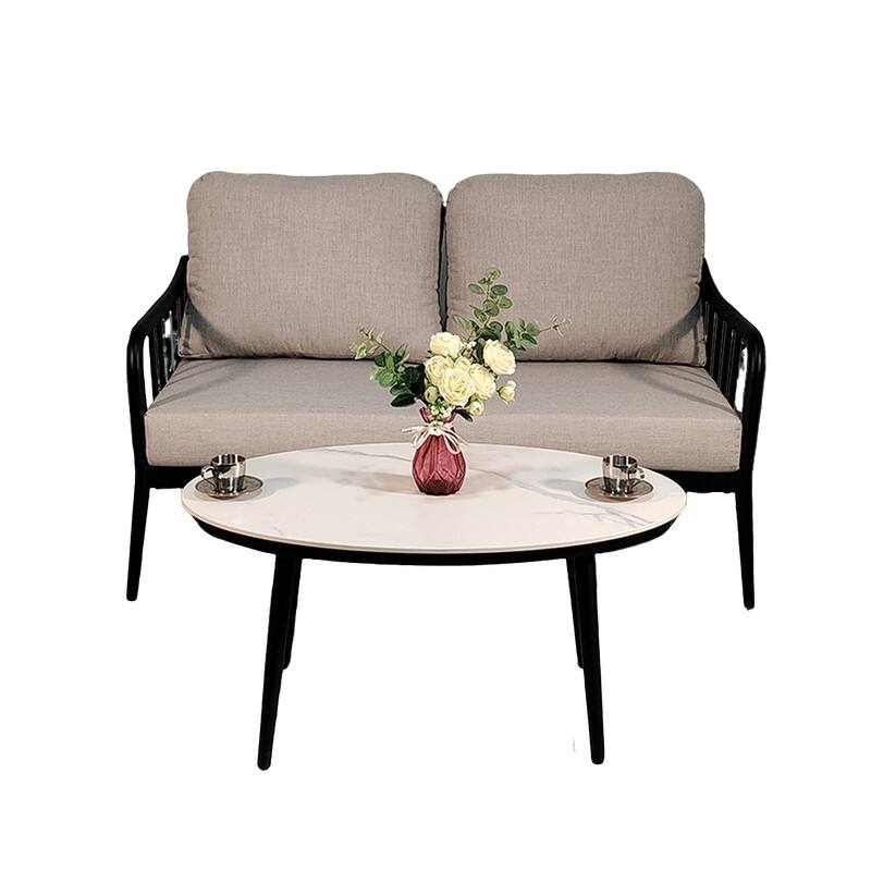 ‌2PC Outdoor Loveseat Set – Modern Chat Sofa, Sunbrella Cushions, White Carrara Marble-Look Stone Table - Ember Black