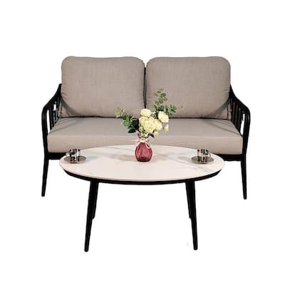 ‌2PC Outdoor Loveseat Set – Modern Chat Sofa, Sunbrella Cushions, White Carrara Marble-Look Stone Table