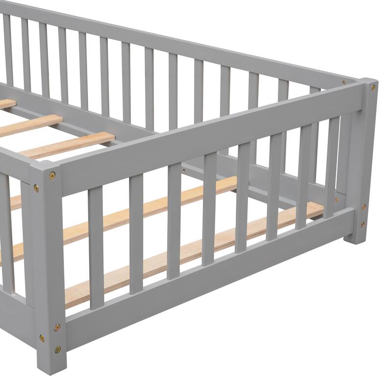 Twin size Floor Platform Bed with Fence and Door
