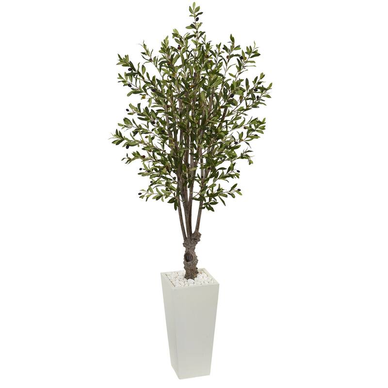 Artificial Olive Tree 6ft Indoor Outdoor Decor White Planter - Green - 31-40 Inches