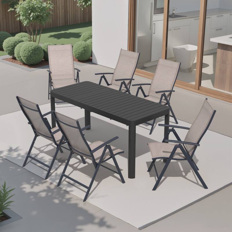 7-Piece Outdoor Patio Dining Set Expandable Rectangular Aluminum Dining Table Folding Chairs - Espresso